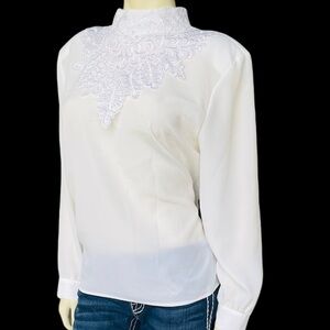 Kathy Che Vintage Long Sleeve Embellish Top In Pearl White
